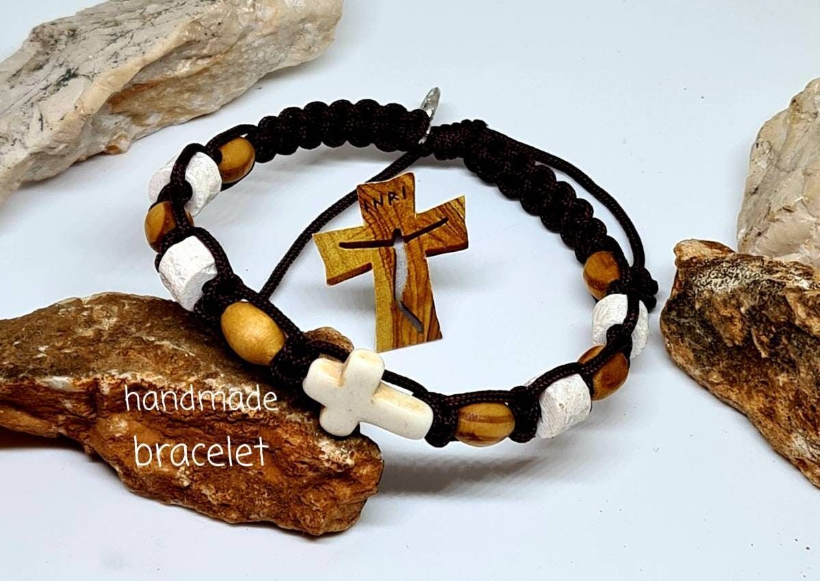Bracelet With Stones & Wooden Handmade Natural Bracelet, Knotted Cord Adjustable Bracelet From Medjugorje, Religious Jewelry