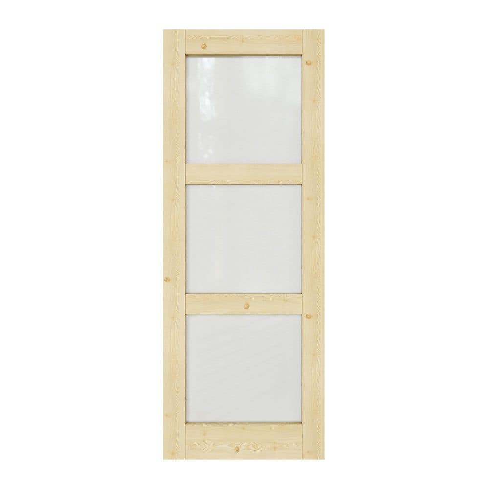 28 in. x 80 in. 3-Lite Tempered Frosted Glass Unfinished Solid Core Pine Wood Interior Door Slab