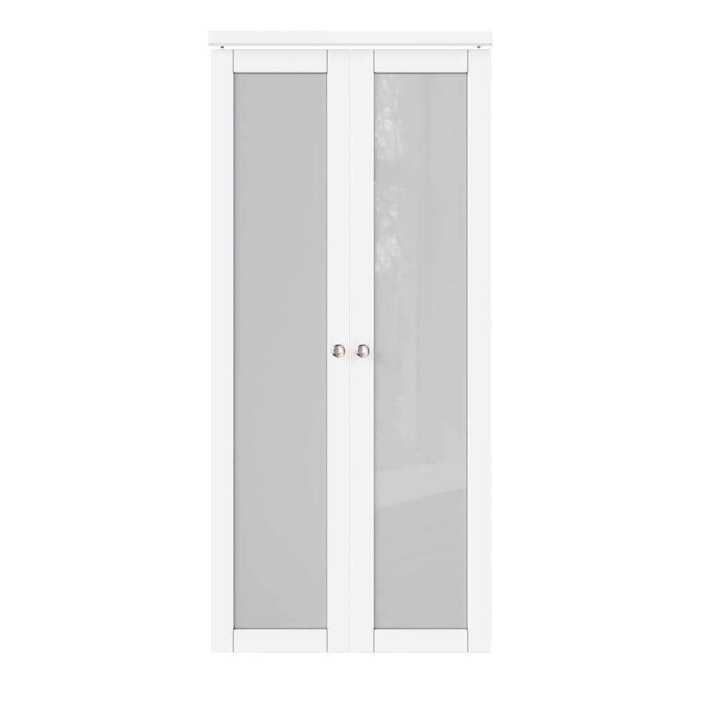 36 in. x 80 in. Solid Core Frosted Glass MDF Bi-fold Door Plus French Style Pantry Pivot Hardware (1-Lite White Finish)