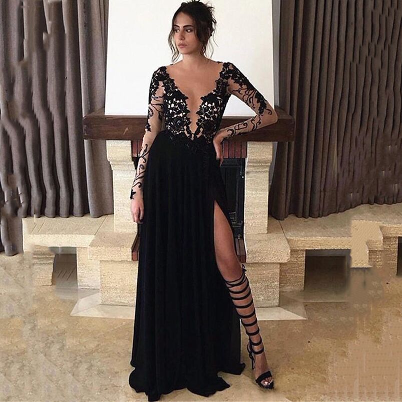 Black Long Sleeves Split Lace Evening Dresses with Appliques Sweep Train Chiffon Plus Size Prom Gowns