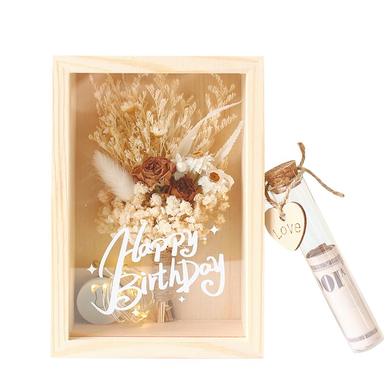 Custom Birthday Gift: Dried Flower Picture Frame DIY Display Stand Wooden Frame with Test Tube Lighting Dried Flower Gift