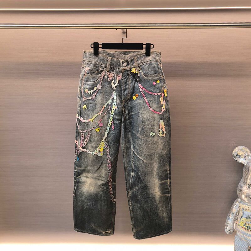 Cyberpunk Chain Candy Jeans Pants for Men 3D Printed Metal Accents Straight Cut Europe Style 25fw 0811