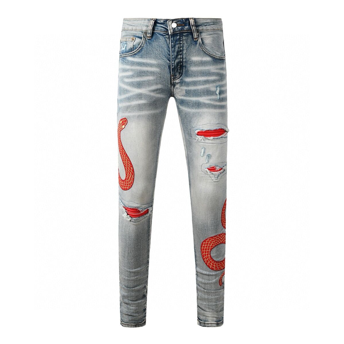 Mens Designer Jeans Men Jeans Stretch Wash holes red snake embroidery Skinny Jeans Mens Jeans Slim Causal Mens jean Hip Hop Men Jeans