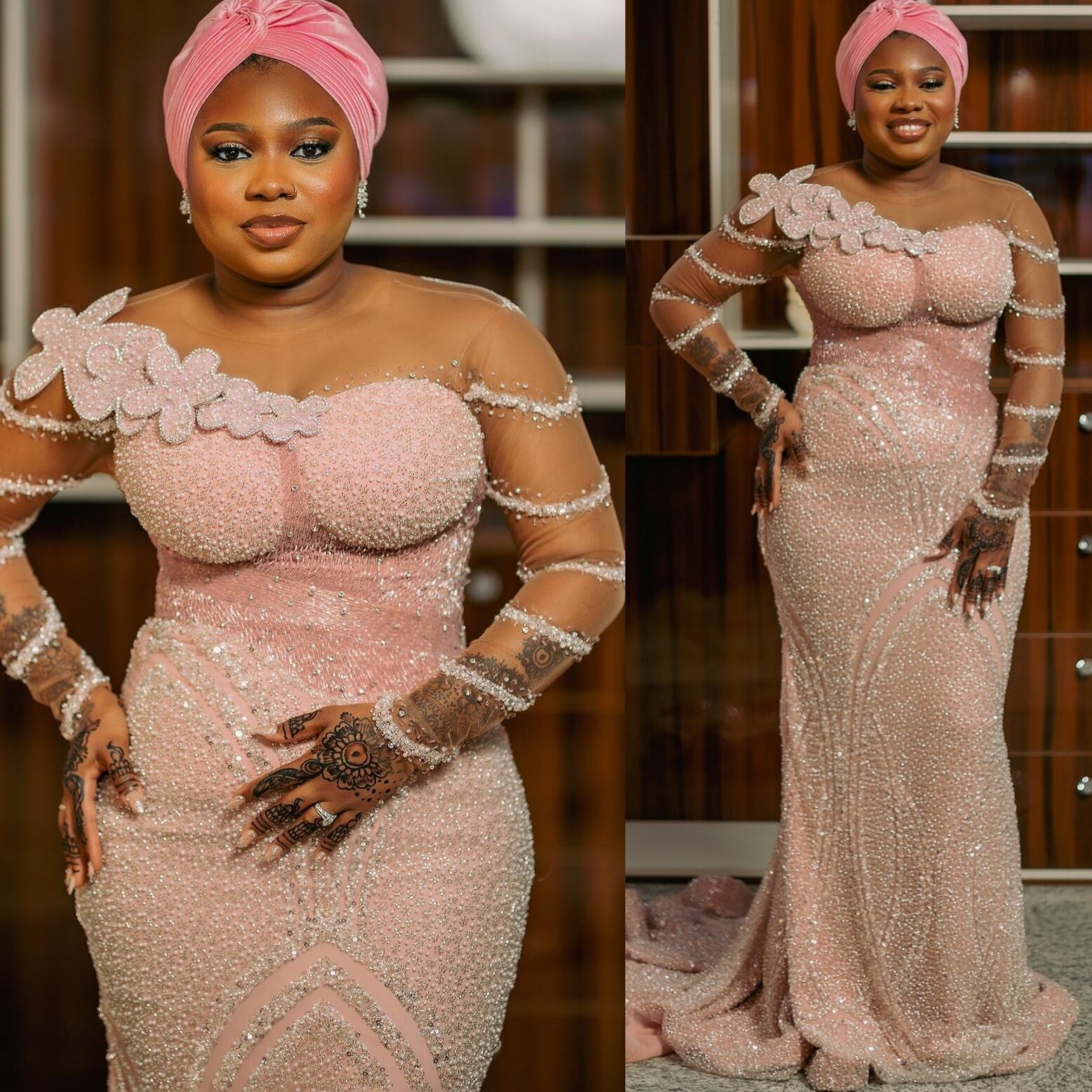 Pearl Pink Mermaid Prom Dresses 2025 Sequined FLowers Full Sleeves Evening Formal Party Second Birthday Engagement Gowns Plus Size Dress For Special