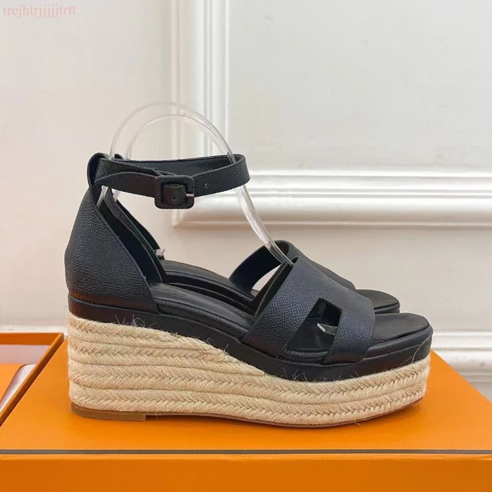 Women's platform heel sandals genuine leather ankle strap wedge-shaped straw platform evening shoes luxury designer outdoor casual flat shoes 3