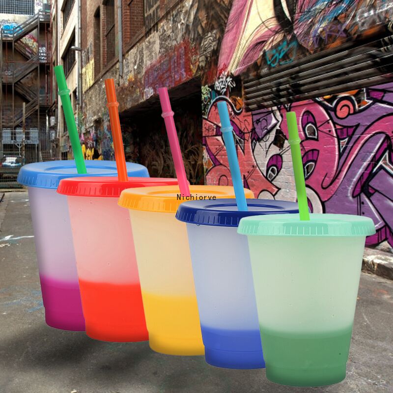 16Oz mix Color Changing Cold Cups Reusable Plastic Tumbler With Lid And Straw Cold Cup Straw Cup Drinkware Kitchen Gadgets