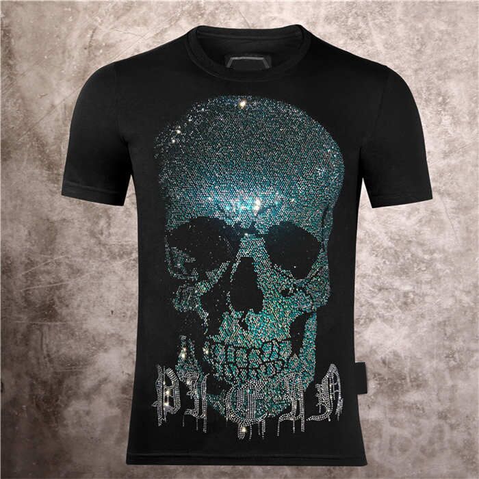 2021 new fashion men's PP casual cotton short sleeve T-shirt hot drilling skull men's summer slim ghost auspicious printing half sleeve to