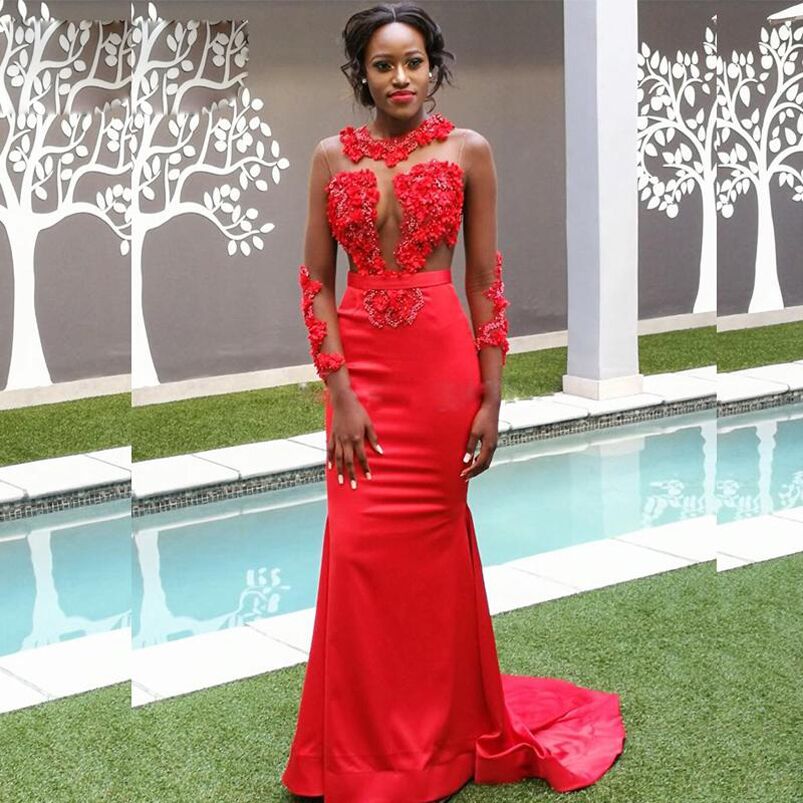 African Long Sleeves Lace Mermaid Evening Dresses Appliques Beaded Jewel Neck Sweep Train Flowers Prom Gowns