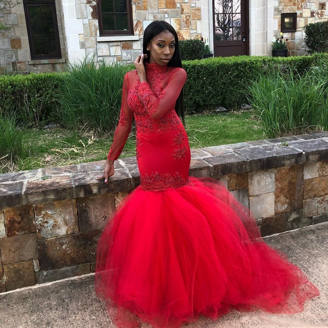 African Red Long Sleeves Lace Mermaid Prom Dresses with Beads Appliques High Neck Black Girls Sweep Train Tulle Formal Evening Party Gowns