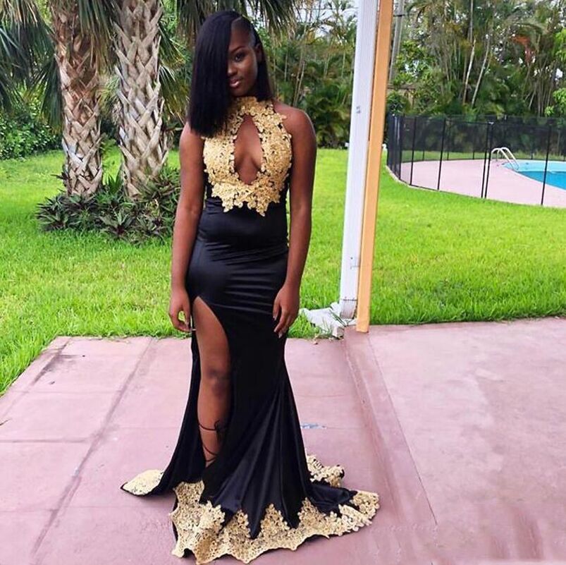 Arabic Halter Split Mermaid Evening Dresses with Gold Appliques Sweep Train Backless Formal Prom Party Gowns