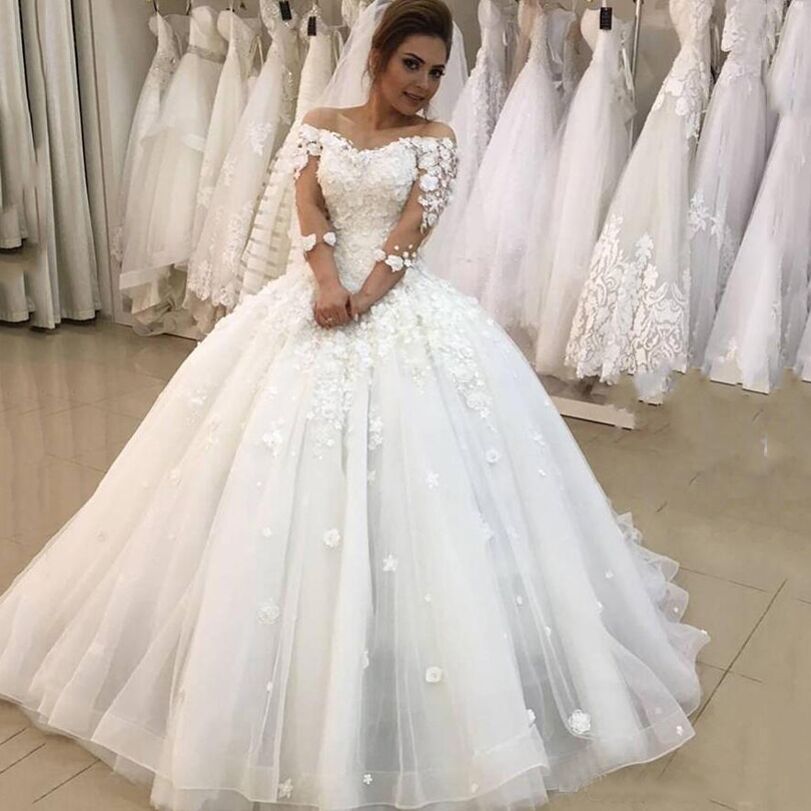 Arabic Off Shoulder Long Sleeves Lace Ball Gown Wedding Dresses with 3D Floral Appliques Sweep Train Lace Up Back Tulle Bridal Gowns