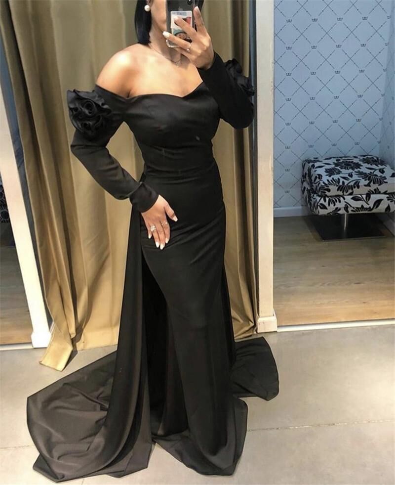 Black Off the Shoulder Long Sleeves Mermemaid Evening Dresses Sweep Train Satin Formal Prom Party Gowns Plus Size