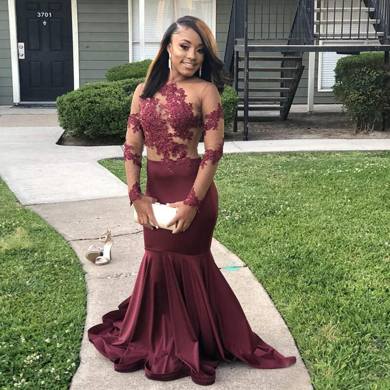 Burgundy African Long Sleeves Lace Mermaid Prom Dresses with Beads Appliques Sweep Train Formal Evening Party Gowns