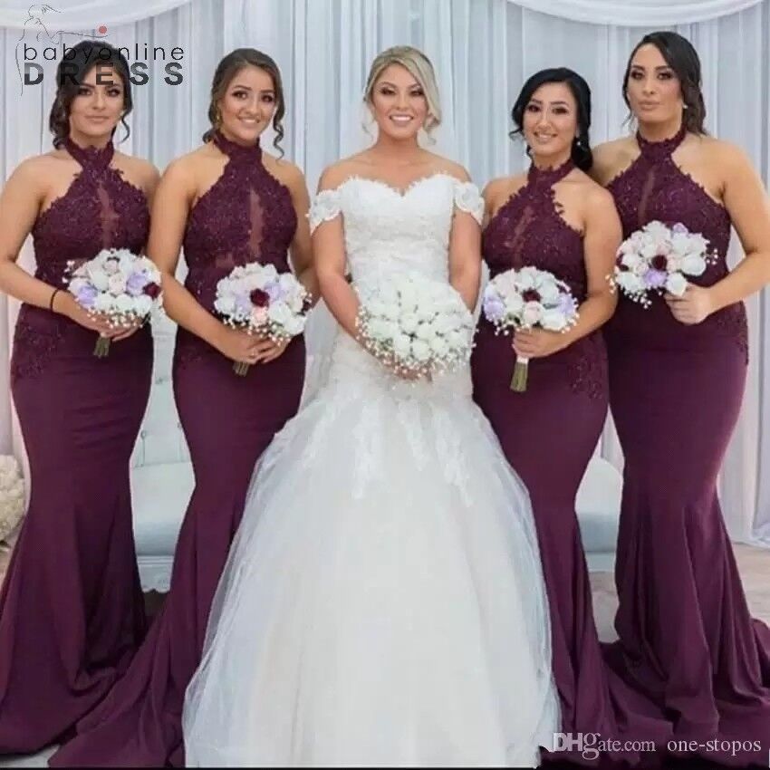 Burgundy Lace Appliqued Mermaid Bridesmaid Dresses Vintage High Neck Sheath Wedding Guest Gown Long Formla Prom Evening Dresses BM0982