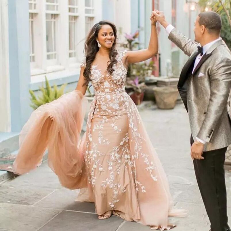 Champagne Lace Mermaid Wedding Dresses with Detachable Jewel Neck Off Shoulder Appliqued Plus Size Bridal Gowns