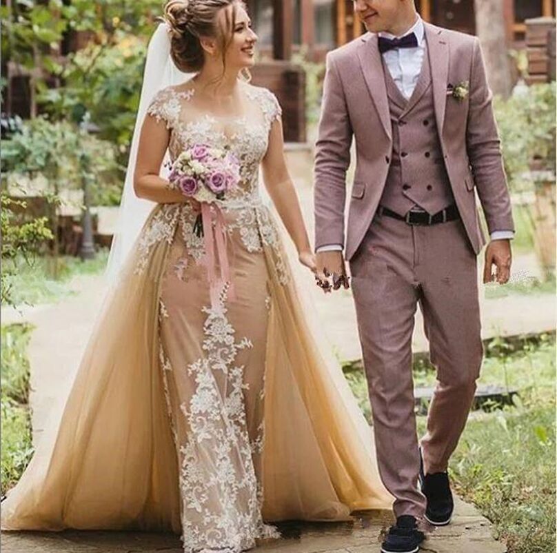 Champagne Lace Mermaid Wedding Dresses with Detachable Train Jewel Neck Boho Tulle Bridal Gowns Vestidos De Novia