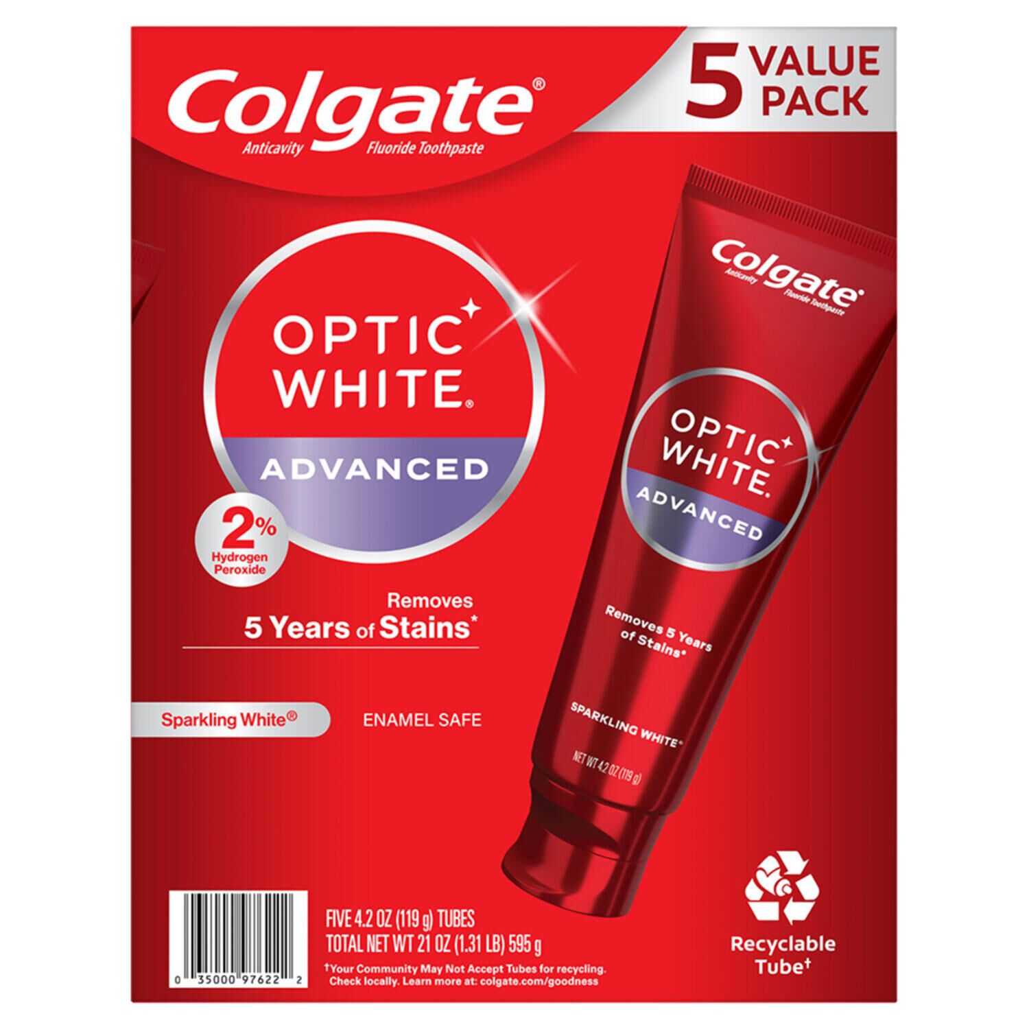 Colgate Optic White Advanced Teeth Whitening Sparkling White Toothpaste, 4.2 oz., 5 pk.