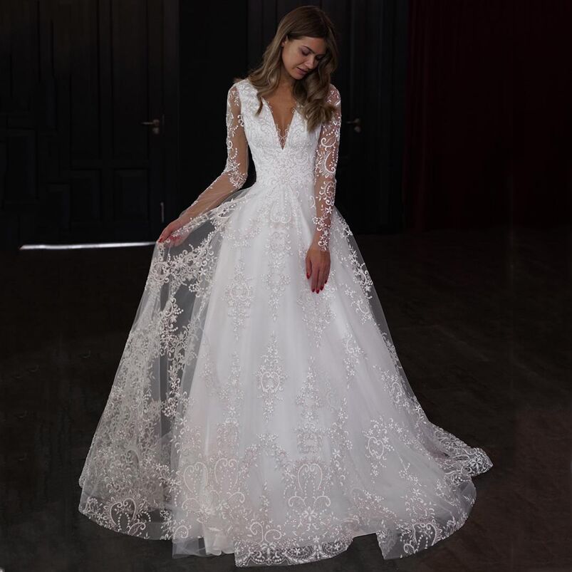 Customized Long Sleeves A Line Lace Wedding Dresses Sweep Train V Neck Tulle Summer Plus Size Bridal Gowns Vestios De Novia