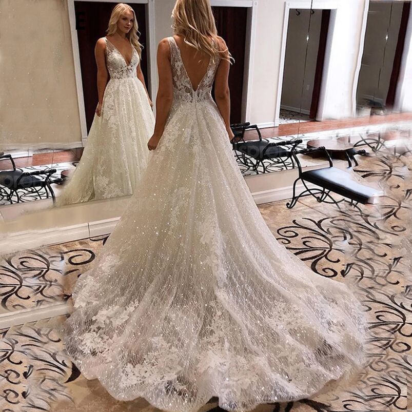 Deep V Neck A Line Lace Wedding Dresses Sequined Court Train Backless Boho Plus Size Beach Bridal Gowns