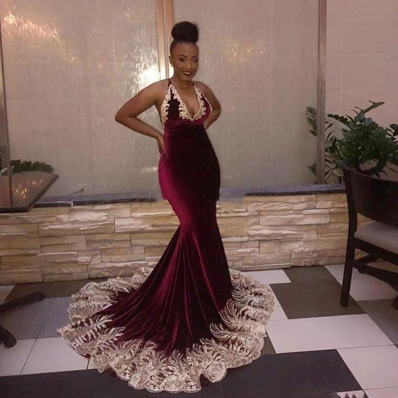 Deep V Neck Mermaid Evening Dresses Criss-Cross Back Seep Train Velvet Appliqued Formal Prom Party Gowsn Plus Size
