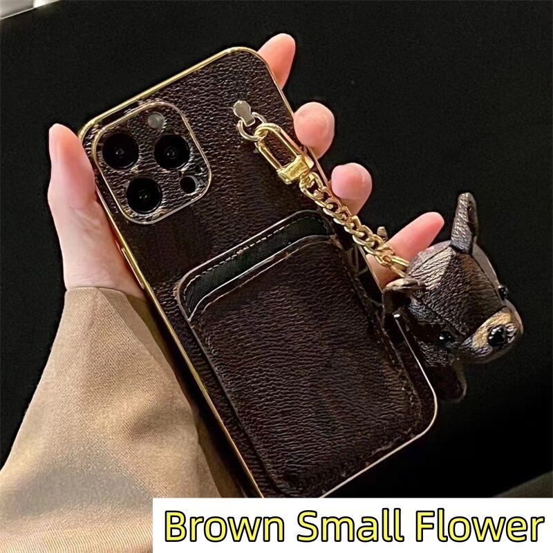 Designer Card Holder Phone Cases for iPhone 17 Series 16 15 14 13 12 11 pro max Electroplating Leather Luxury Cellphone Case Cover with Dog Pendant