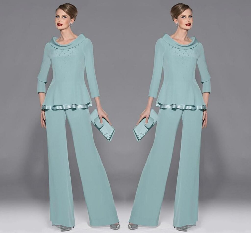 Graceful Mint Green Chiffon Mothers Pants Suit Mother's Dresses Jewel Neckline Long Sleeve With Beads And Sequins Two Pieces For Wedding Party
