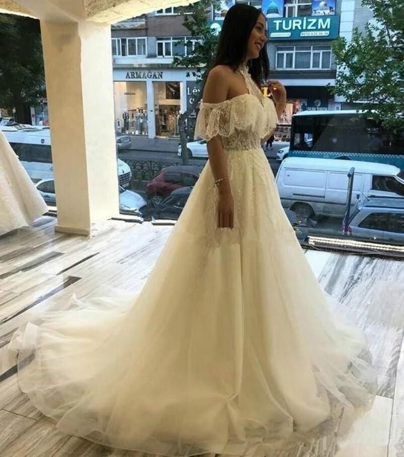 Halter A Line Lace Wedding Dresses with Appliques Off the Shoulder Short Sleeves Court Train Bridal Gowns Vestidos De Novia