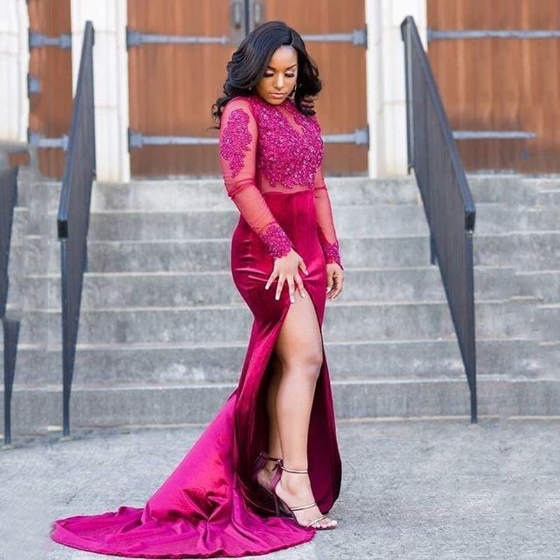High Neck Lace Applqiued Split Mermaid Evening Dresses Long Sleeves Sweep Train Satin Formal Sepcial Occasion Prom Gowns