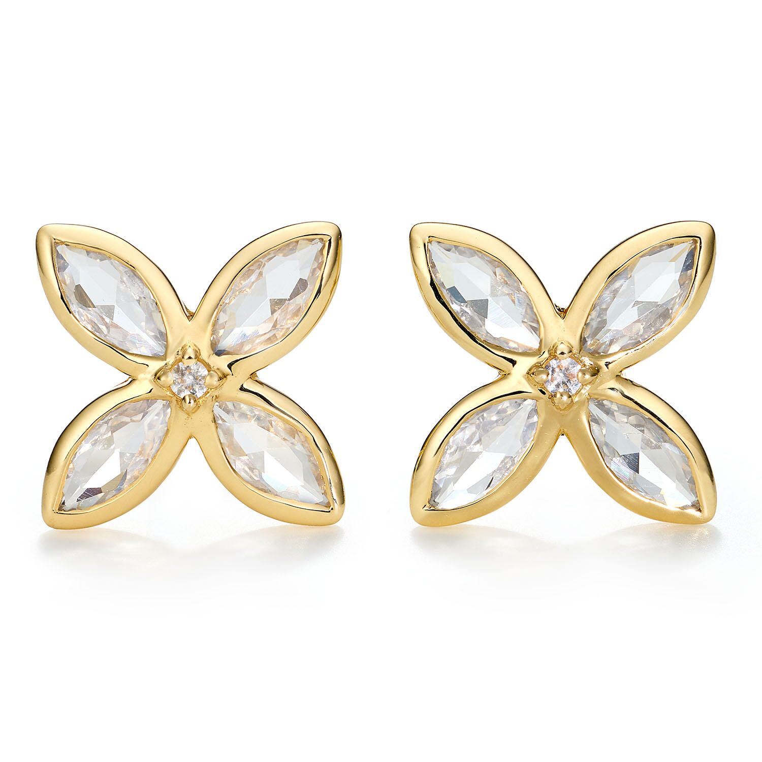 Lab White Sapphire Flower Earrings in 14K Yellow Gold