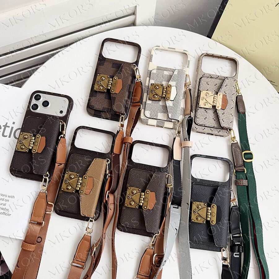 Luxury Envelope Card Pocket Phone Case for iPhone 17 Air 16 15 14 Plus 13 12 11 Pro Max Shoulder Neck Strap Cover iPhone17 Lock Designer Leather Sto