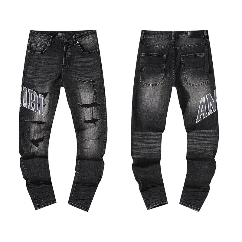 Men's Art Patch Slim Fit Ripped Jeans High-Street Man Distressed Knee Holes Washed Denim Pants Trousers