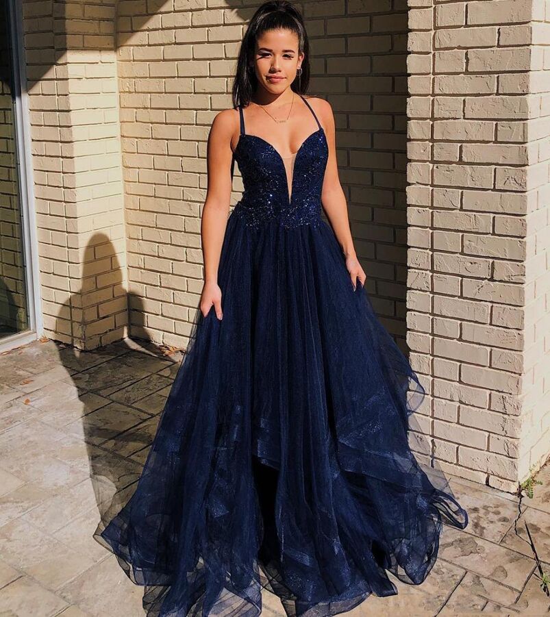 Navy Blue Spaghetti A Line Long Evening Dresses with Beaded Sequins Sweep Trian Prom Gowns Special Occasions