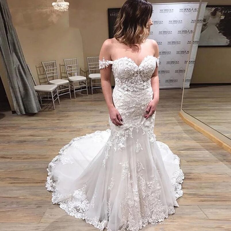 Off Shoulder Lace Mermaid Wedding Dresses with Appliques Cap Sleeves Sweep Train Tulle Bridal Gowns Vestido De Novia