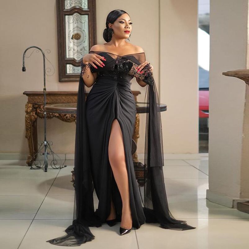 Off the Shoulder Split Appliqued Mermaid Evening Dresses Cap Sleeves Court Train Chiffon Long Prom Gowns Plus Size
