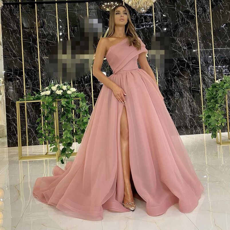 One Shoulder Split Ball Gown Long Evening Dresses Court Train Corset Back Tulle Formal Prom Party Gowns Robe De Soiree