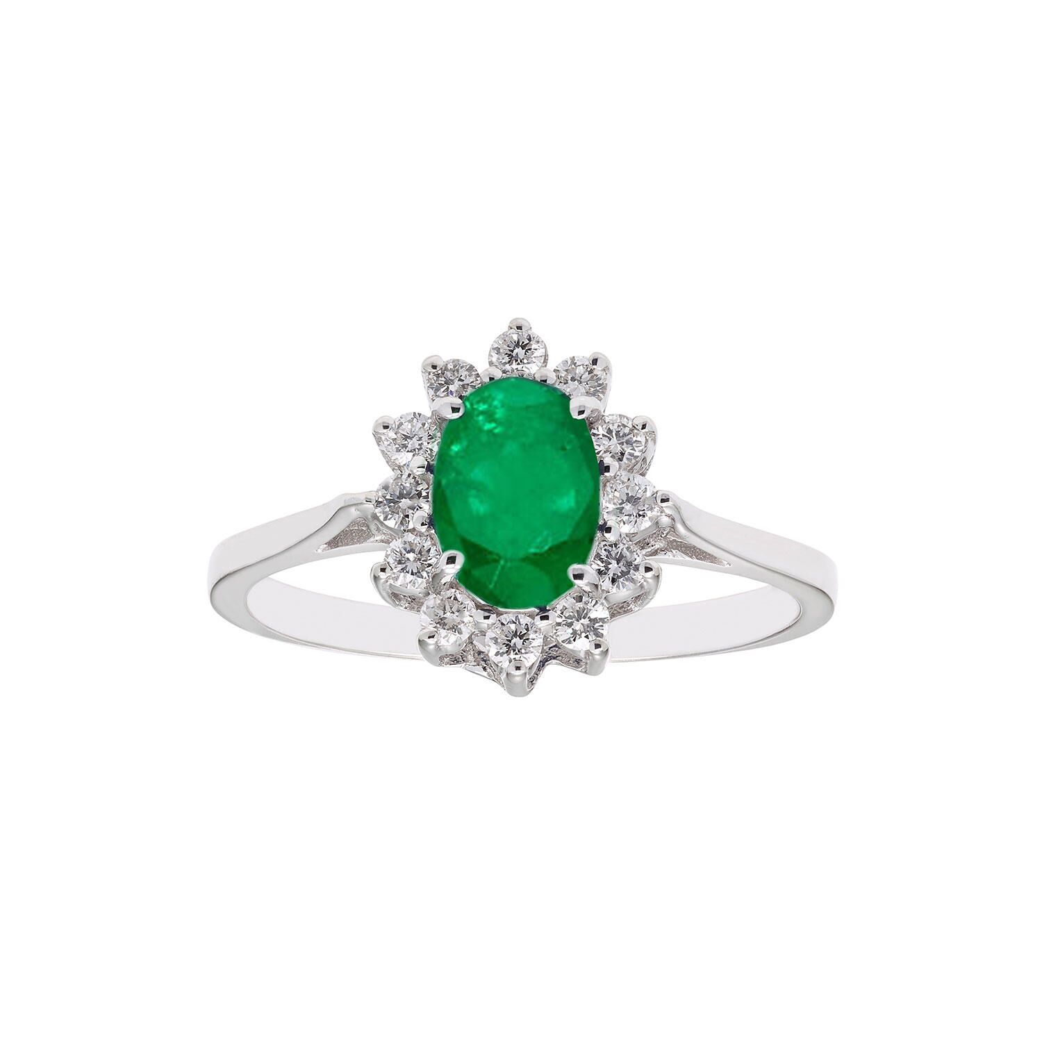 Oval Cut Blue Sapphire & 0.23 CT. T. W. Diamond Halo Ring in 14K Gold:- Emerald, 6