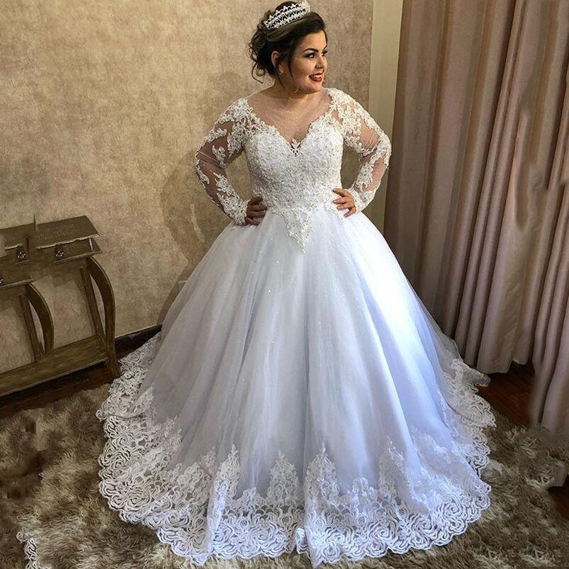 Plus Size Long Sleeves A Line Lace Wedding Dresses Beaded Appliques Corset Back Jewel Neck Tulle Sweep Train Bridal Gowns