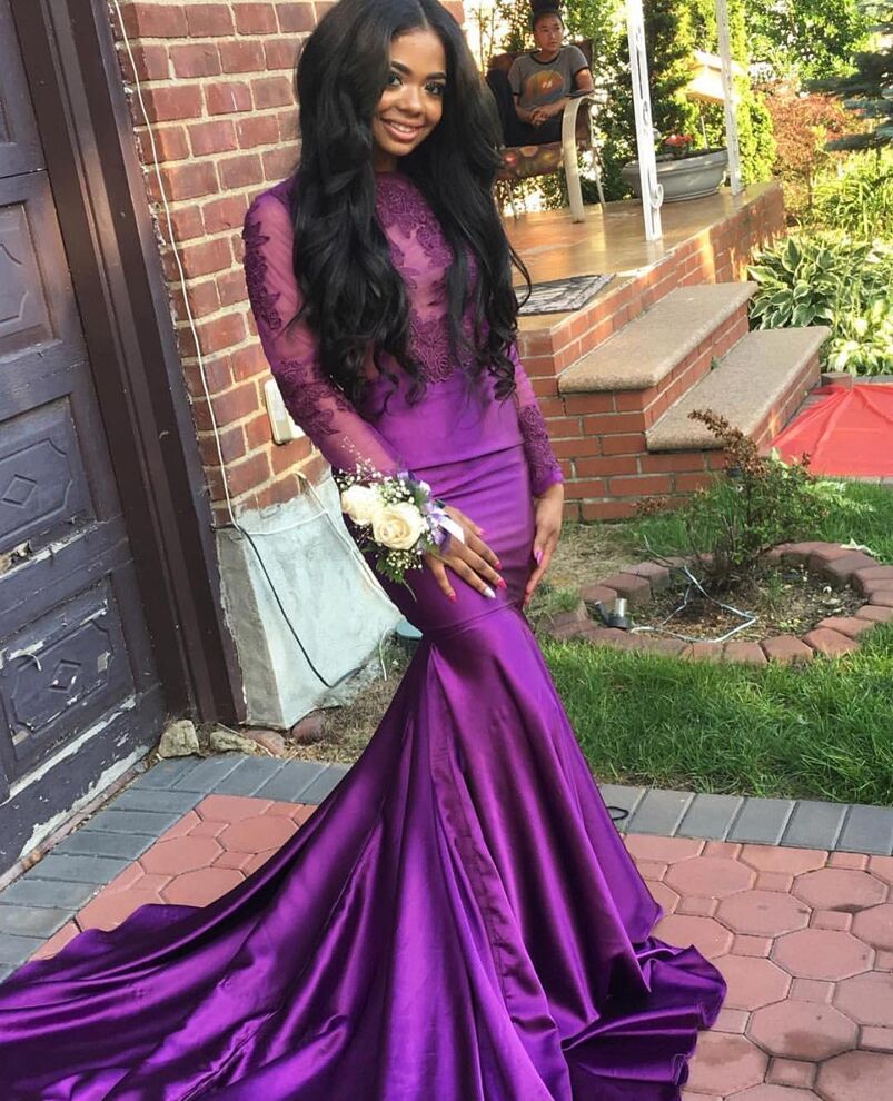 Purple Long Sleeves Lace Mermaid Evening Dresses Jewel Neck Court Train Appliqued Formal Prom Party Gowns Plus Size