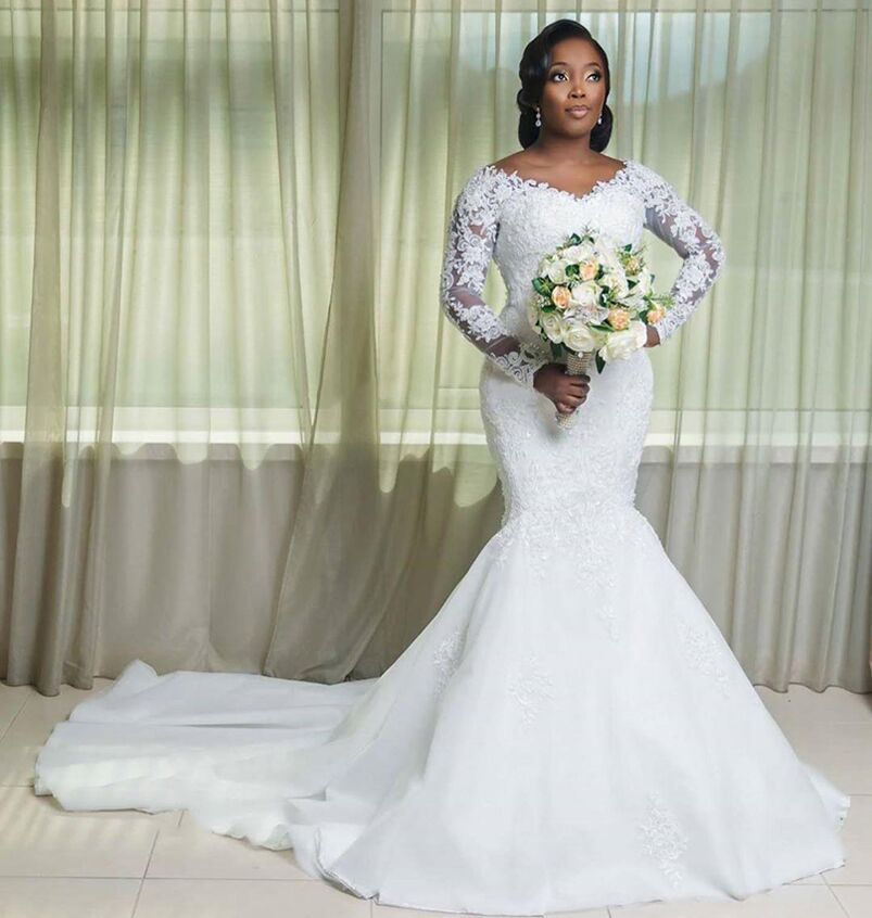Scoop Neck Long Sleeves Lace Mermaid Wedding Dresses Appliqued Court Train Tulle Plus Size Bridal Gowns Mobe De MariÃ©e