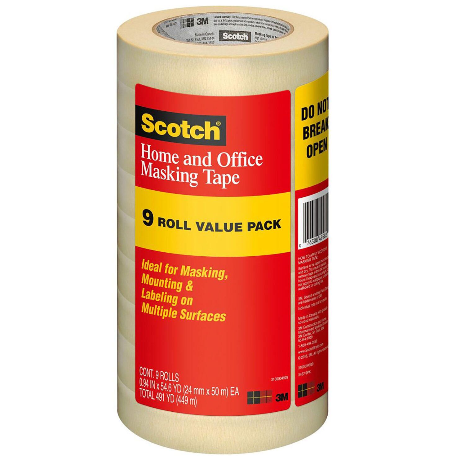 Scotch Masking Tape, .94' x 54.6 yds., 3' Core, Tan, 9 Pack