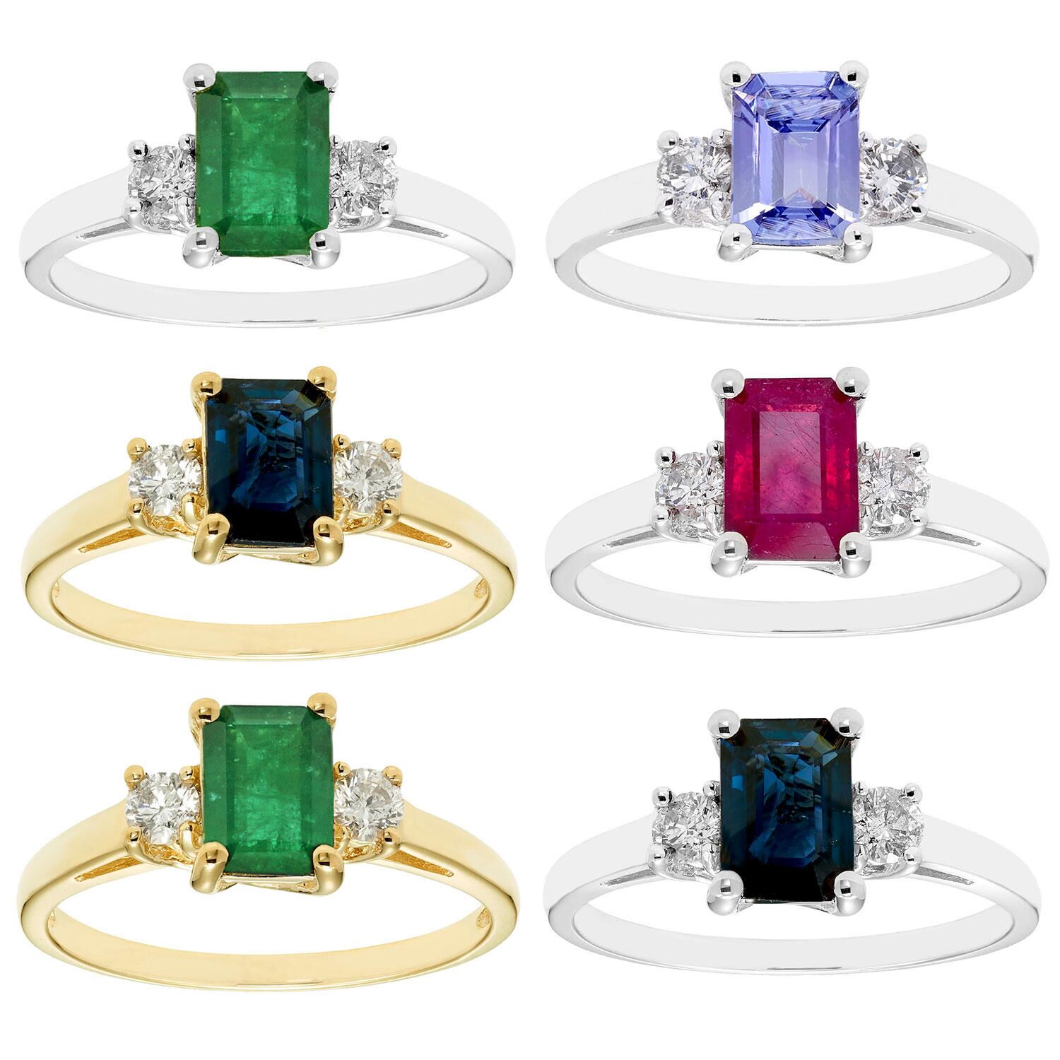 Three Stone Octogonal Emerald Ring with .20CT. T. W. Diamond Set in 14K White Gold 7:- Emerald, White Gold, 7