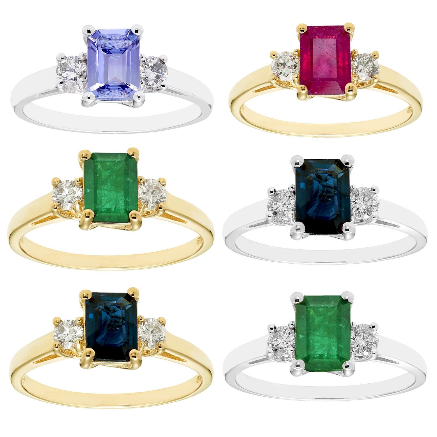 Three Stone Octogonal Ruby Ring with .20CT. T. W. Diamond Set in 14K Yellow Gold 6:- Ruby, Yellow Gold, 6