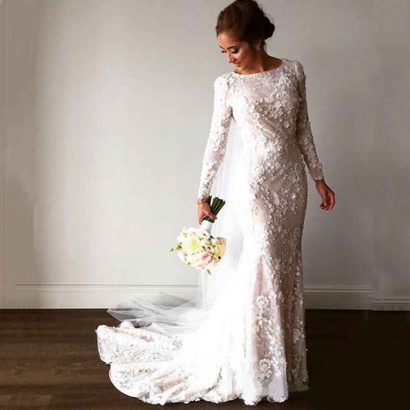 Vintage Scoop Neck Long Sleeves Lace Mermaid Wedding Dress Bridal Gowns with Flower Applqius Sweep Train Bride Dresses