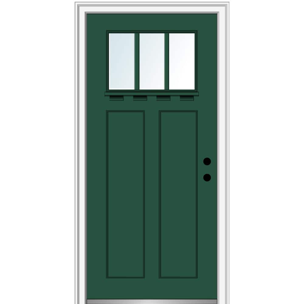 32 in. x 80 in. Left-Hand Inswing 3-Lite Clear 2-Panel Shaker Painted Fiberglass Smooth Prehung Front Door with Shelf