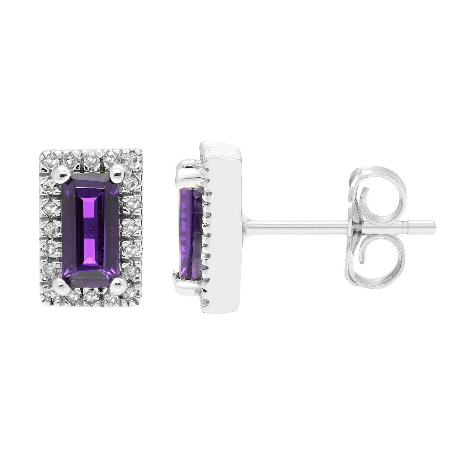 Baguette Cut Gemstone & 0.12 CT. TW Diamond Stud Halo Earrings in 14K Gold - Amethyst White Gold:- Amethyst White Gold