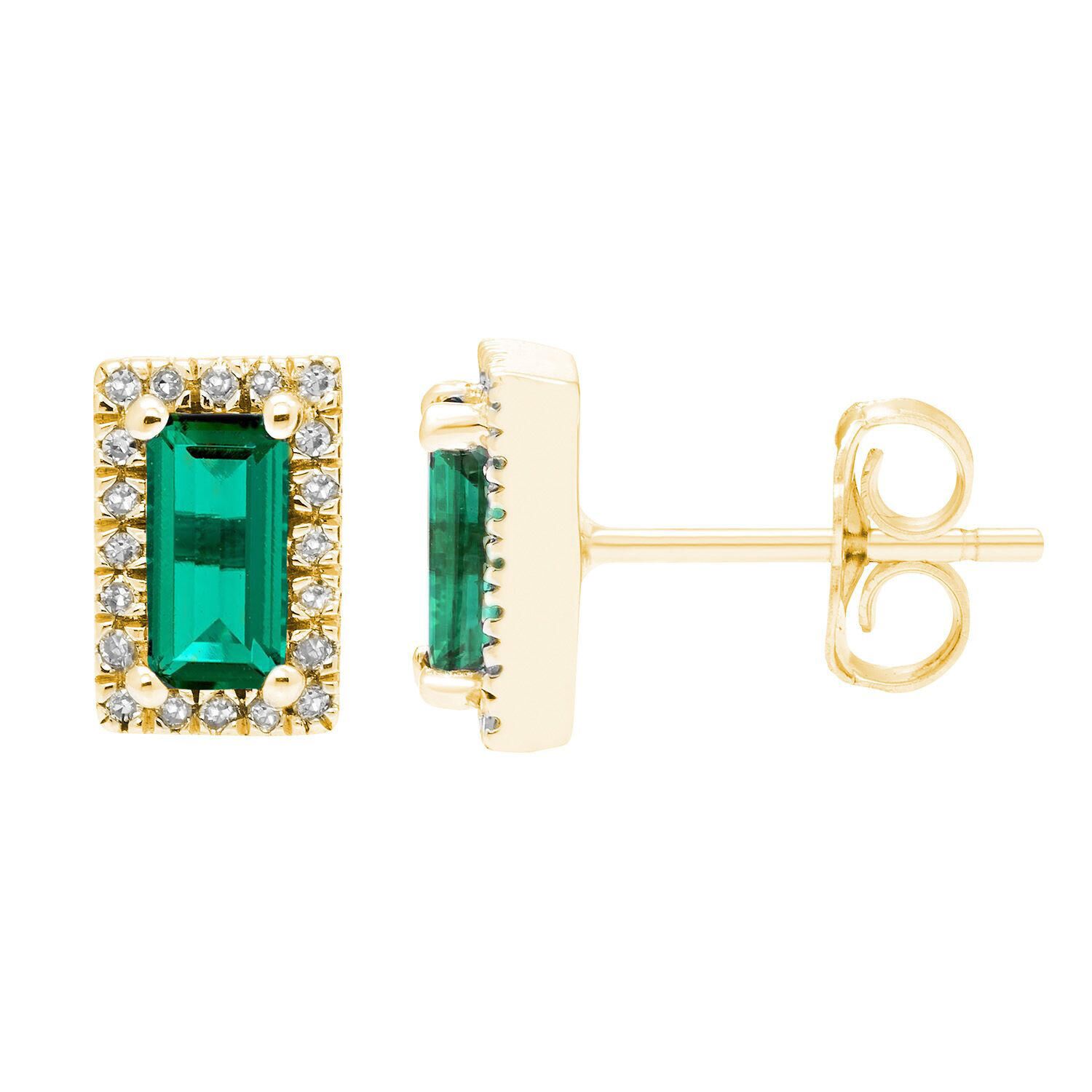 Baguette Cut Gemstone & 0.12 CT. TW Diamond Stud Halo Earrings in 14K Gold - Lab Created Emerald:- Lab Created Emerald