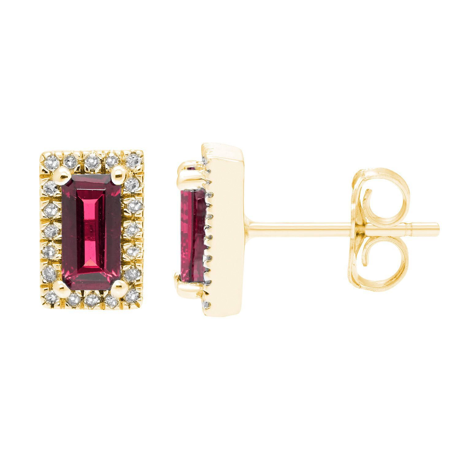 Baguette Cut Gemstone & 0.12 CT. TW Diamond Stud Halo Earrings in 14K Gold - Lab Created Ruby:- Lab Created Ruby
