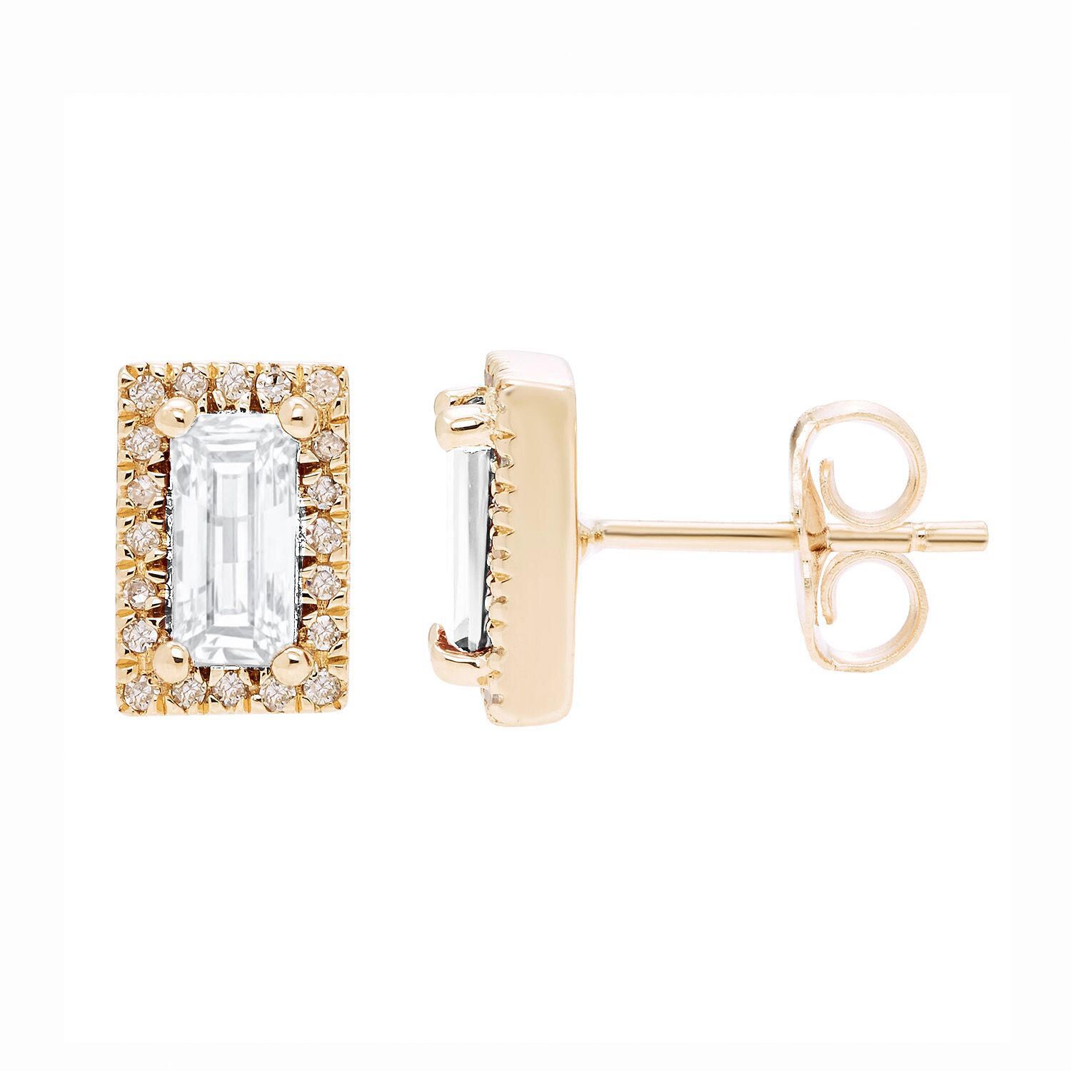 Baguette Cut Gemstone & 0.12 CT. TW Diamond Stud Halo Earrings in 14K Gold - Lab Created White Sapphire:- Lab Created