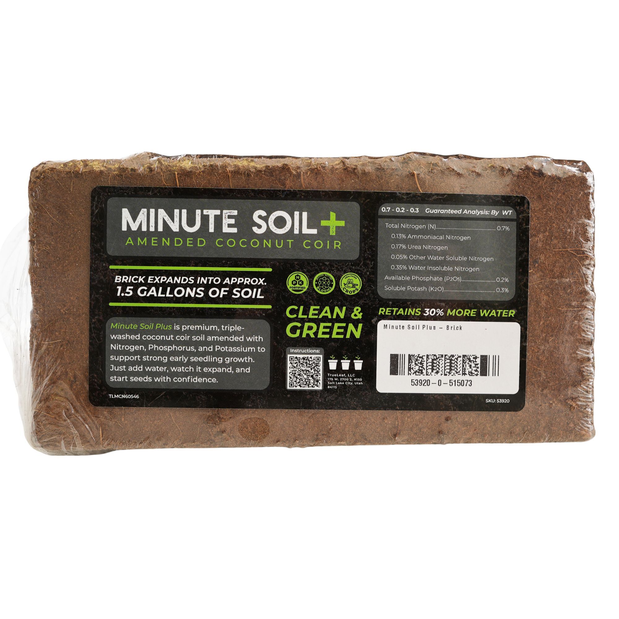 Minute Soil Plus Brick - Medium - 1 Brick = 1.5 Gallons of Potting Soil - NPK Amended Compressed Coco Coir Fiber Grow? Garden, P