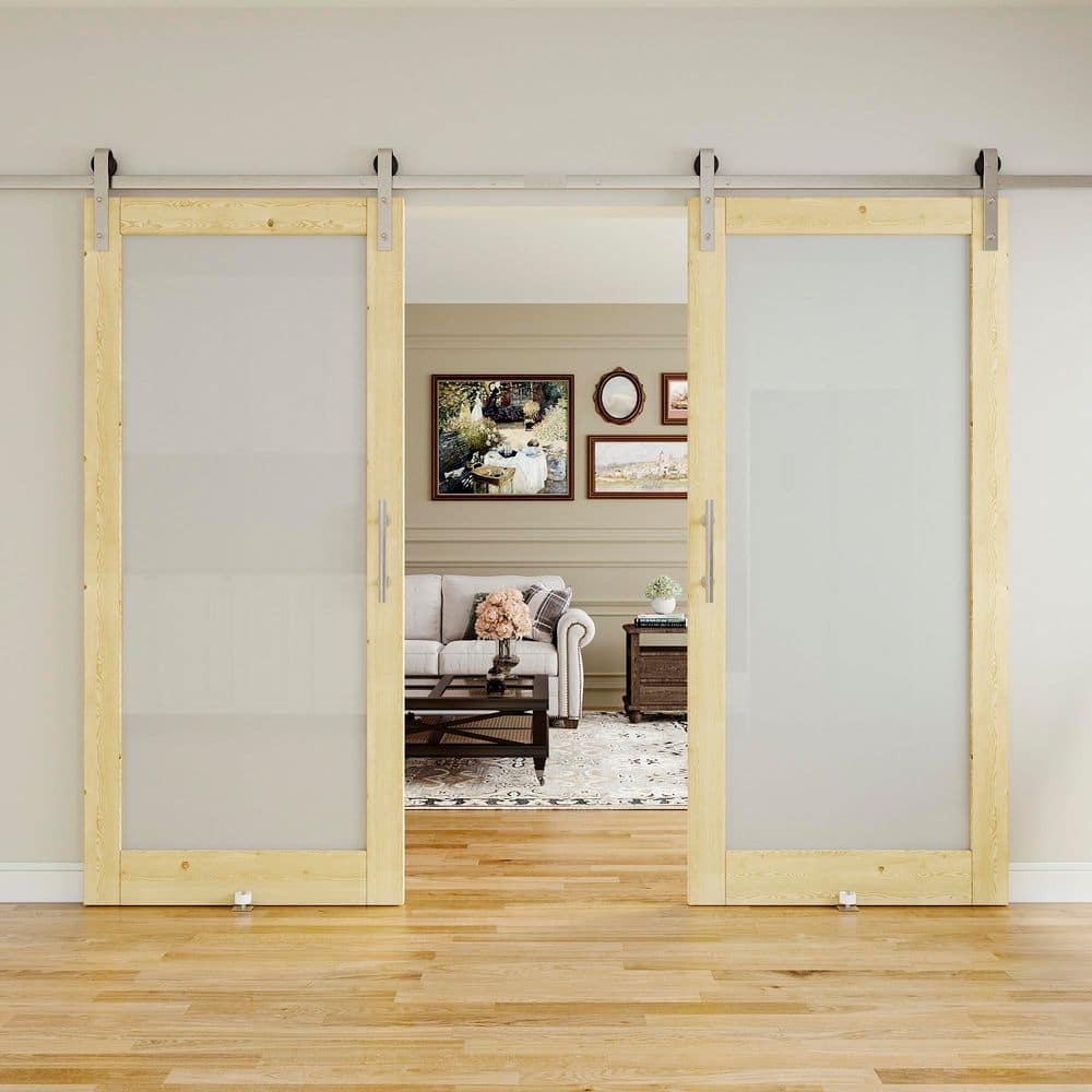 72 in. x 80 in. 1-Lite Frosted Glass Unfinished Solid Pine Wood Sliding Barn Door with Hardware Kit Nickel Plated
